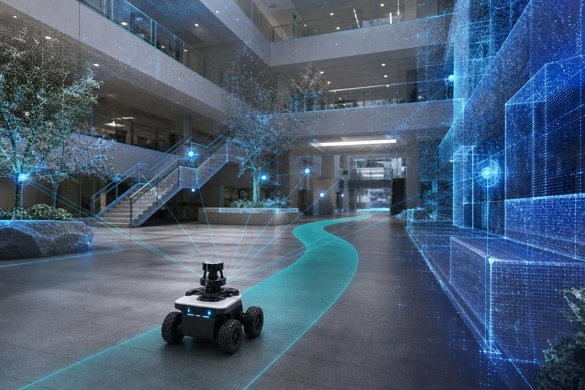 A mobile robot navigating through a three-dimensional reconstruction of an indoor environment